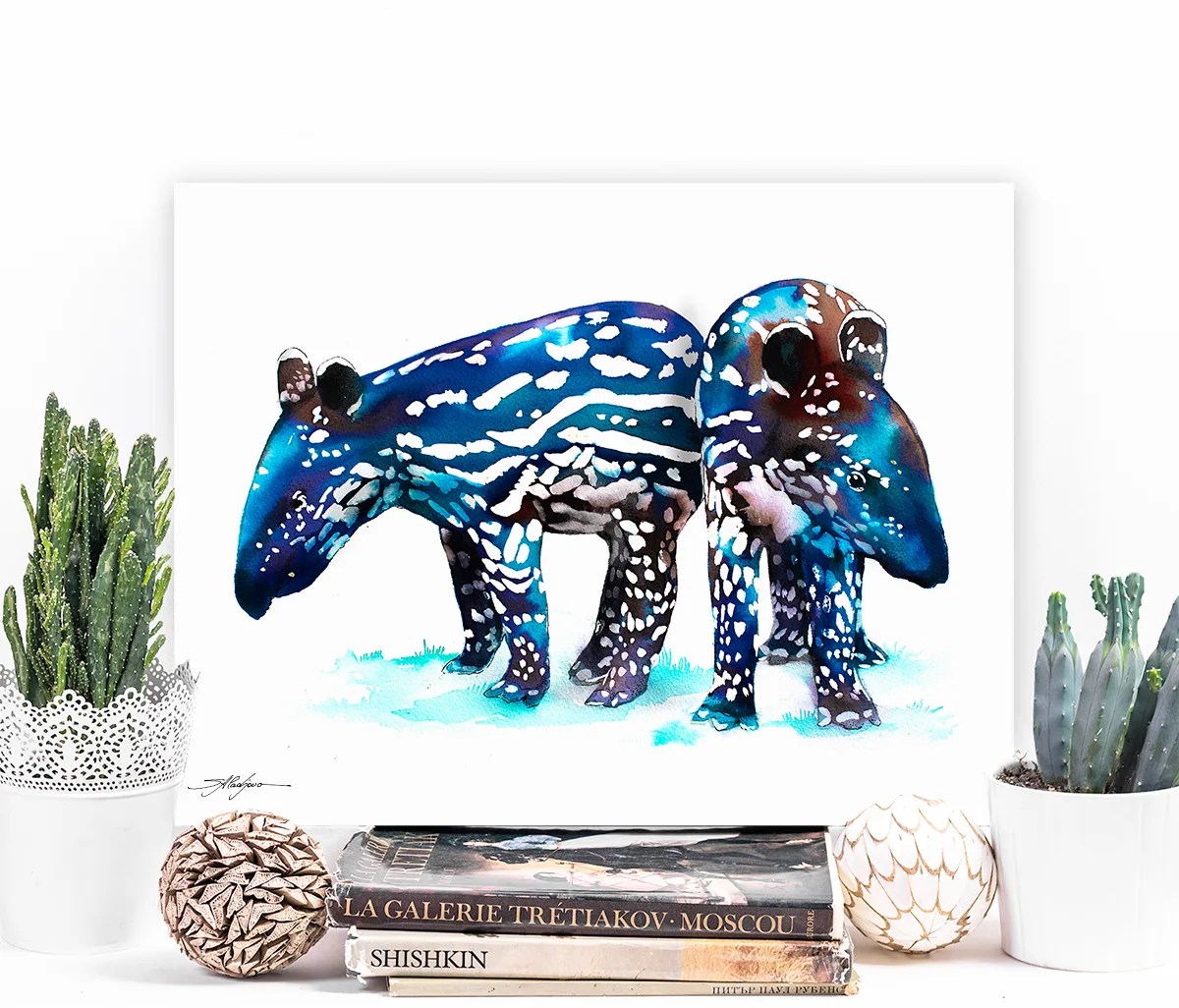 Baby tapirs watercolor painting, limited edition art print by Slaveika Aladjova, view 3