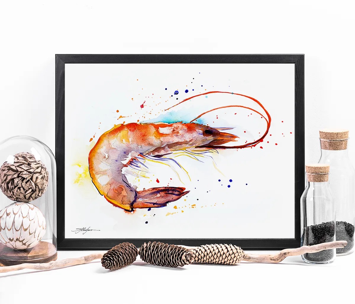 Shrimp watercolor painting print by Slaveika Aladjova