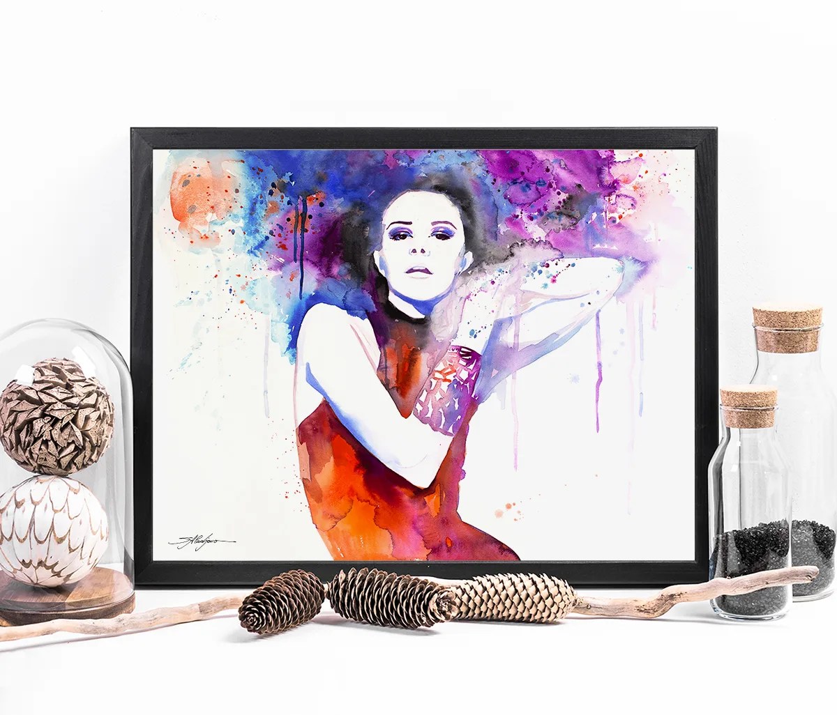 Woman in red dress with blue and violet hair, watercolor painting, limited edition art print by Slaveika Aladjova, view 3