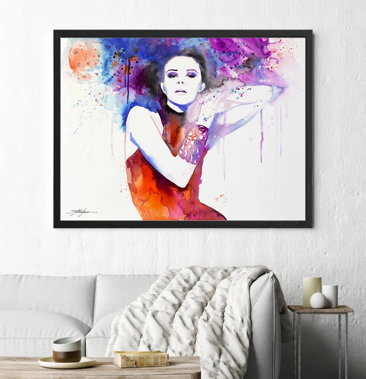 Woman in red dress with blue and violet hair, watercolor painting, limited edition art print by Slaveika Aladjova, view 4