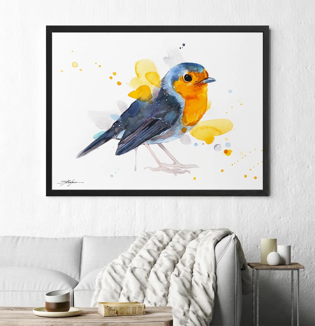 European robin watercolor painting print by Slaveika Aladjova, animal art, illustration, bird, home decor, wall art, portrait, boho poster