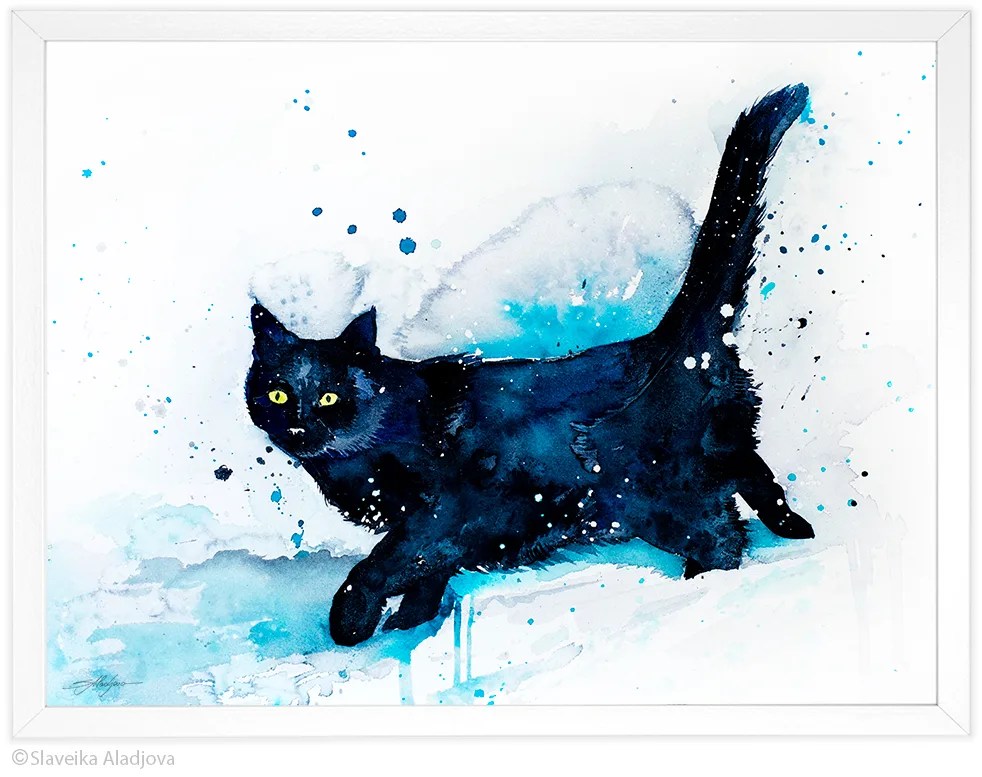 Black cat watercolor painting, limited edition art print by Slaveika Aladjova, view 4