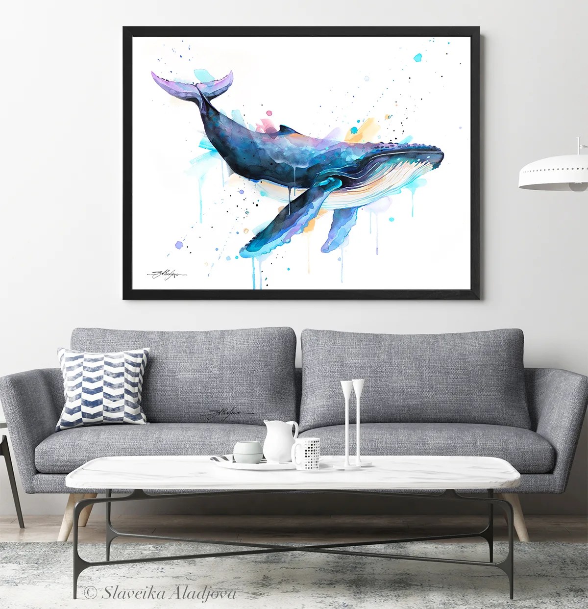 Humpback whale swimming, watercolor painting, limited edition art print by Slaveika Aladjova, view 3