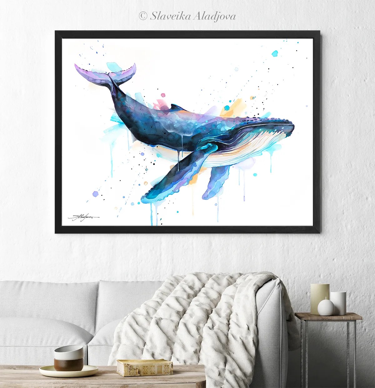 Humpback whale swimming, watercolor painting, limited edition art print by Slaveika Aladjova, view 4