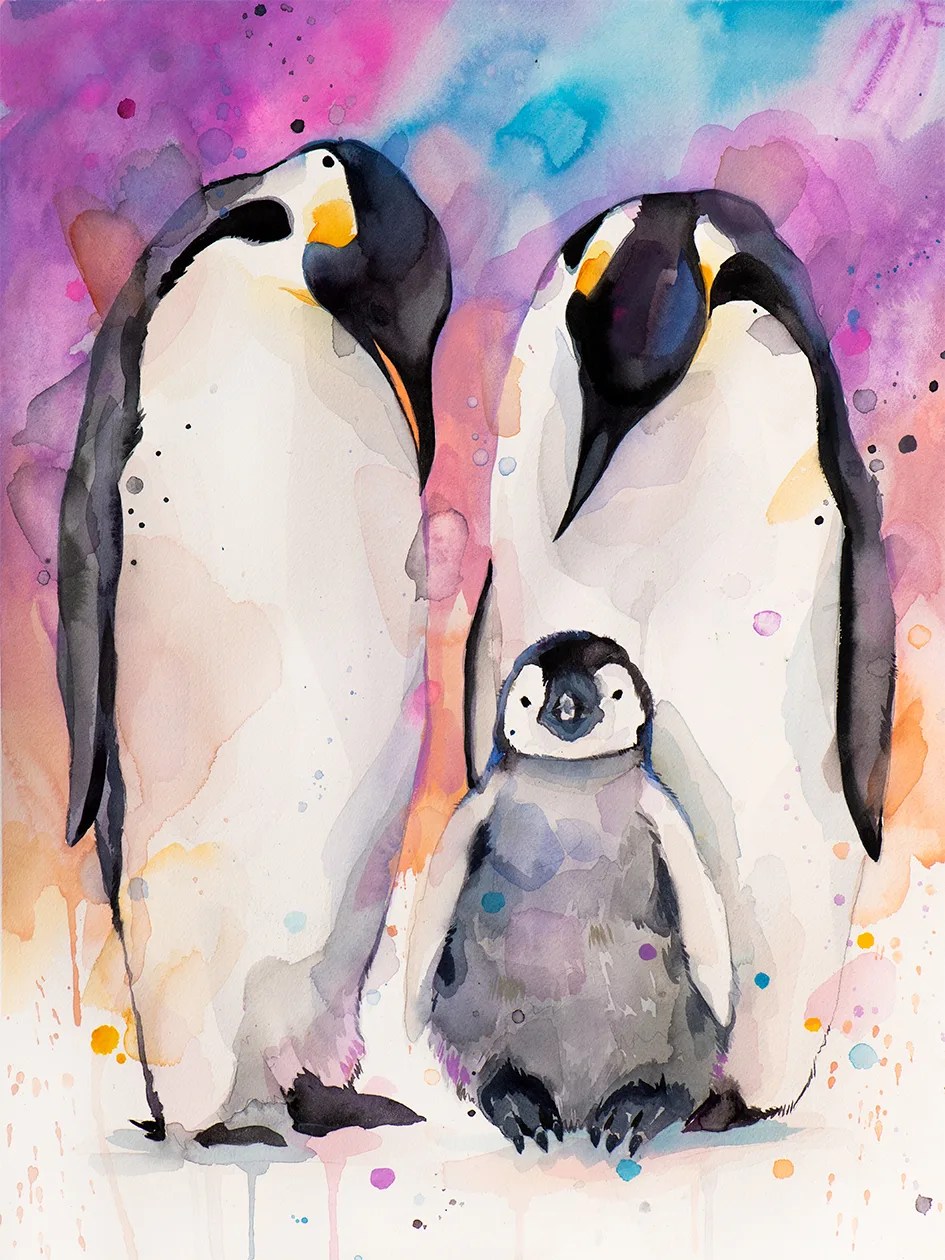 Emperor penguins watercolor painting print by Slaveika Aladjova, animal, illustration, Sea art, sea life art, nautical, ocean art, bird