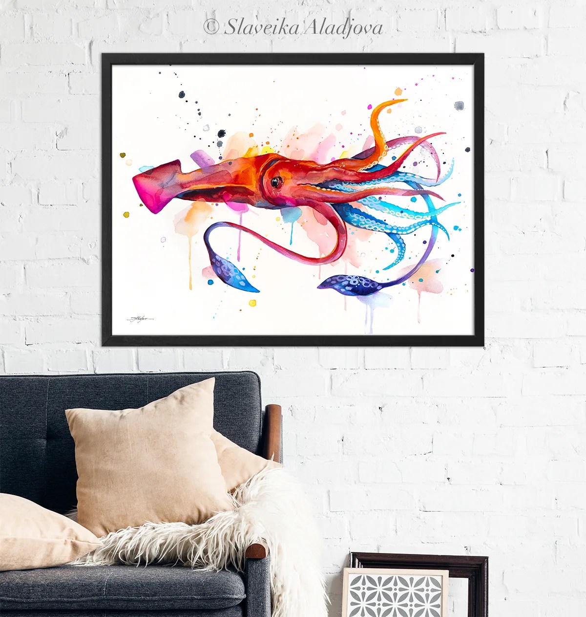 Squid watercolor painting, limited edition art print by Slaveika Aladjova, view 3