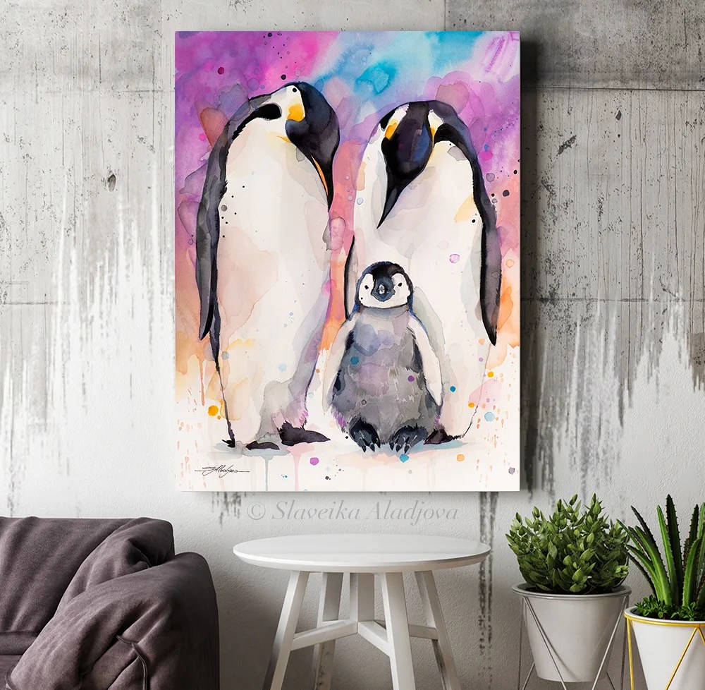 Emperor penguins watercolor painting print by Slaveika Aladjova, animal, illustration, Sea art, sea life art, nautical, ocean art, bird