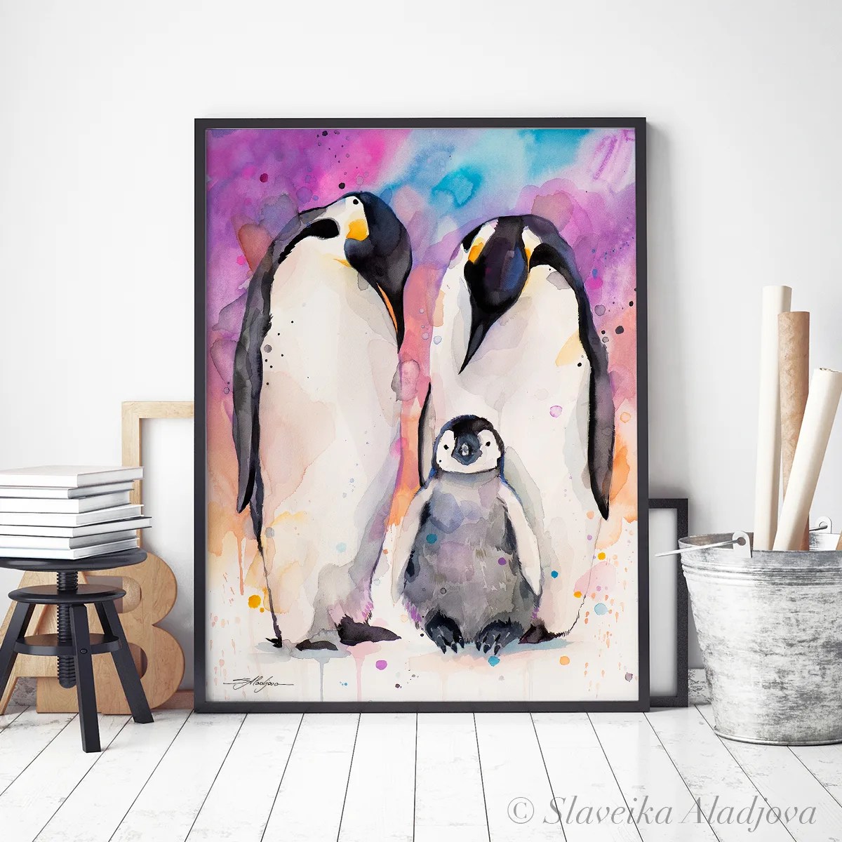 Emperor penguins watercolor painting print by Slaveika Aladjova, animal, illustration, Sea art, sea life art, nautical, ocean art, bird