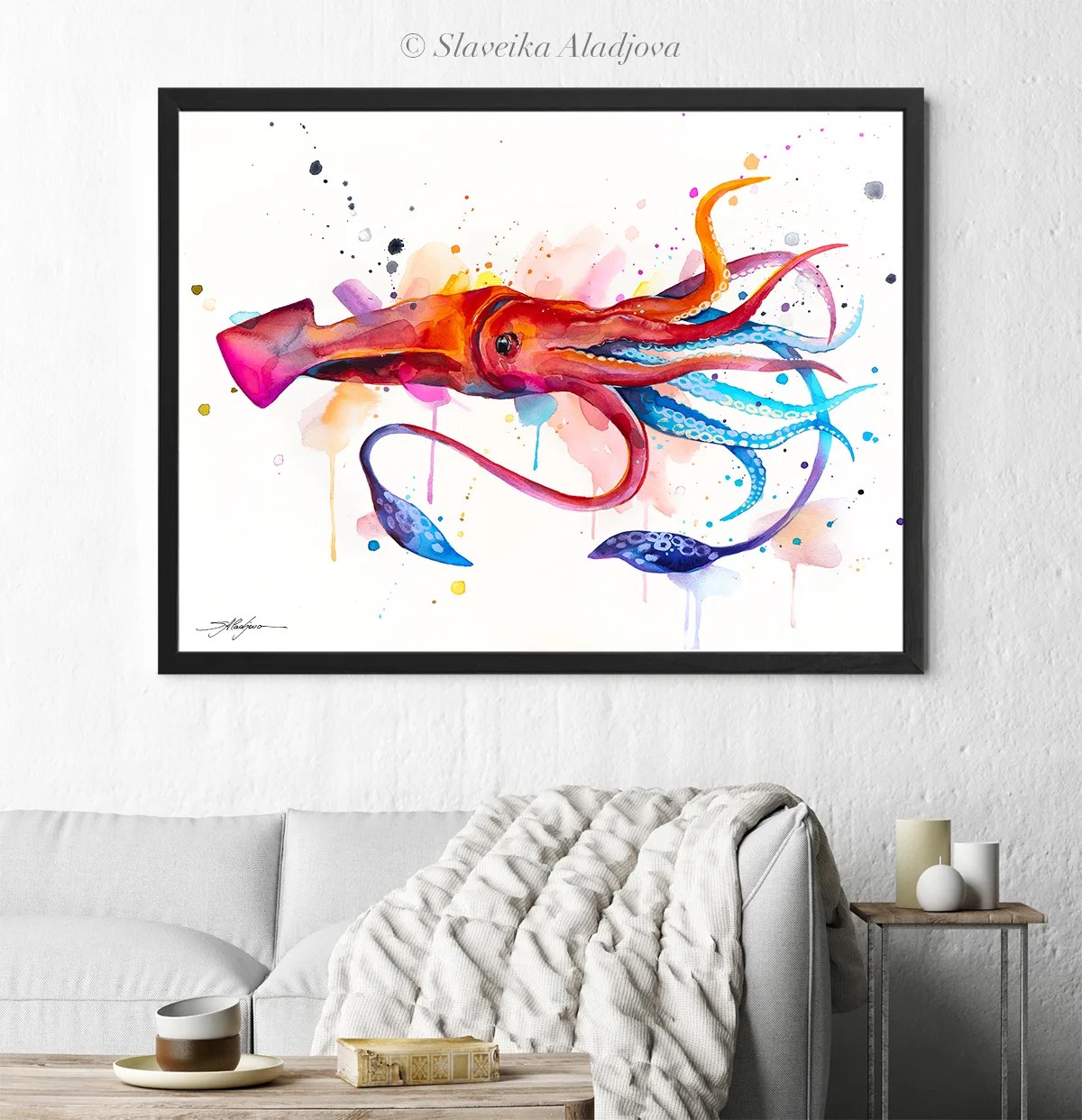 Squid watercolor painting, limited edition art print by Slaveika Aladjova, view 4