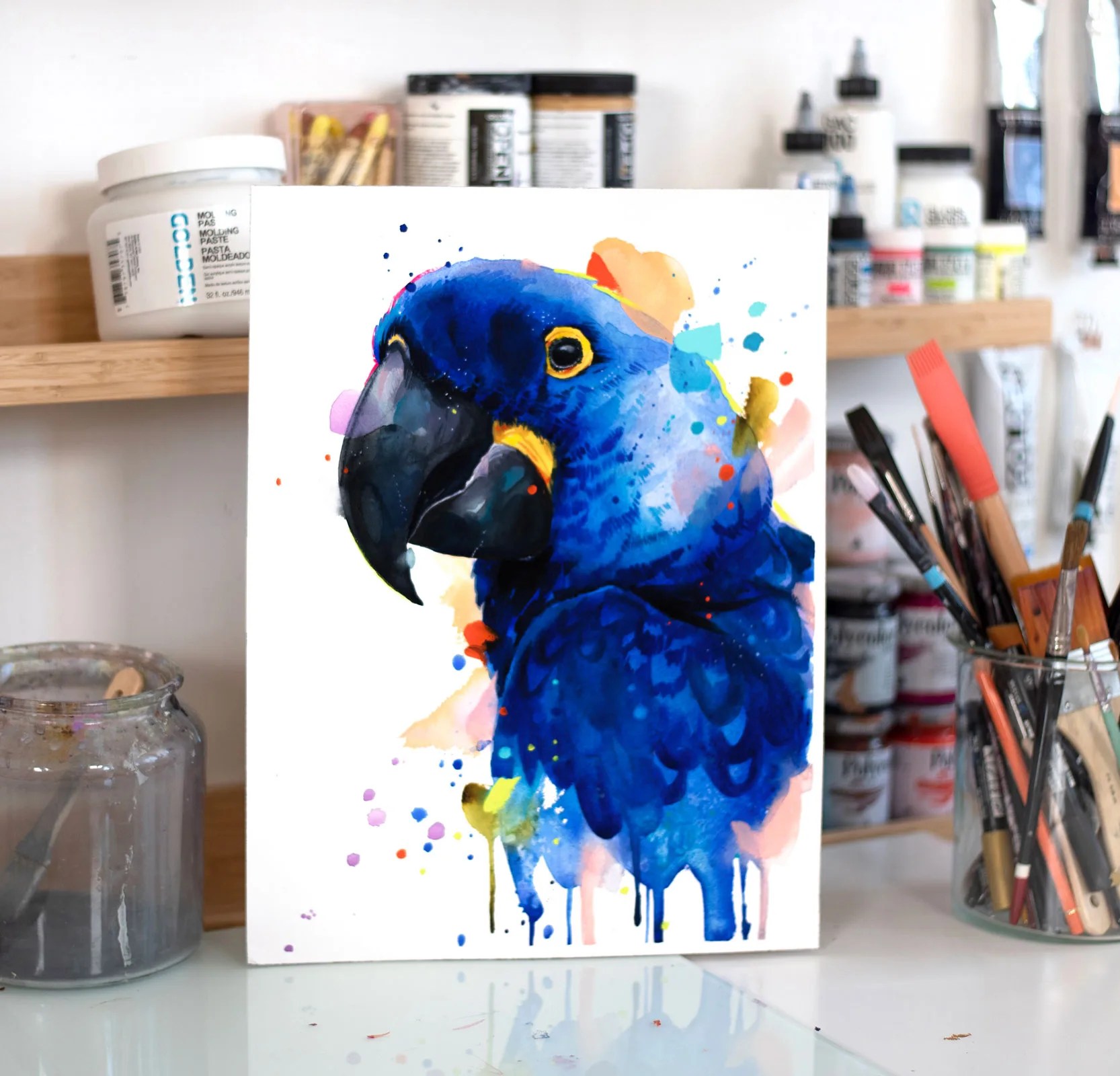 Hyacinth macaw parrot, watercolor