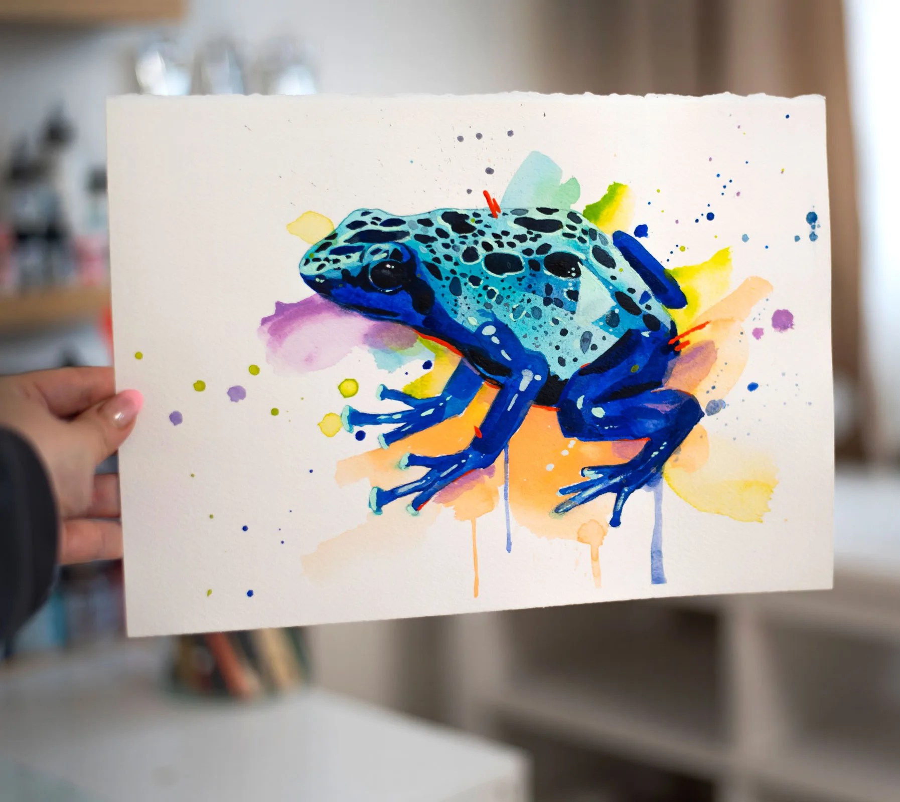 Blue poison dart frog,, watercolor