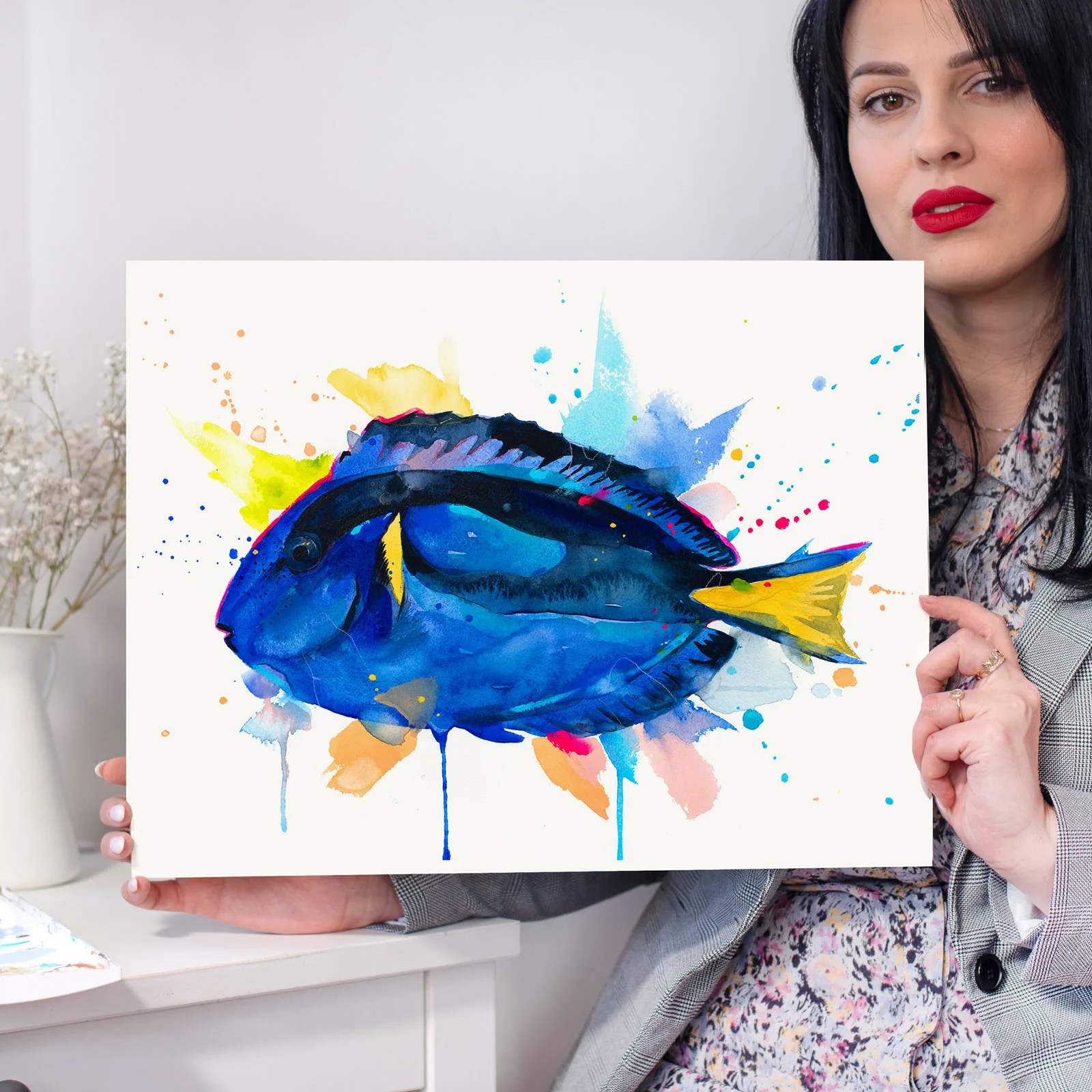 Indo-Pacific surgeonfish. A popular fish in marine aquaria, watercolor
