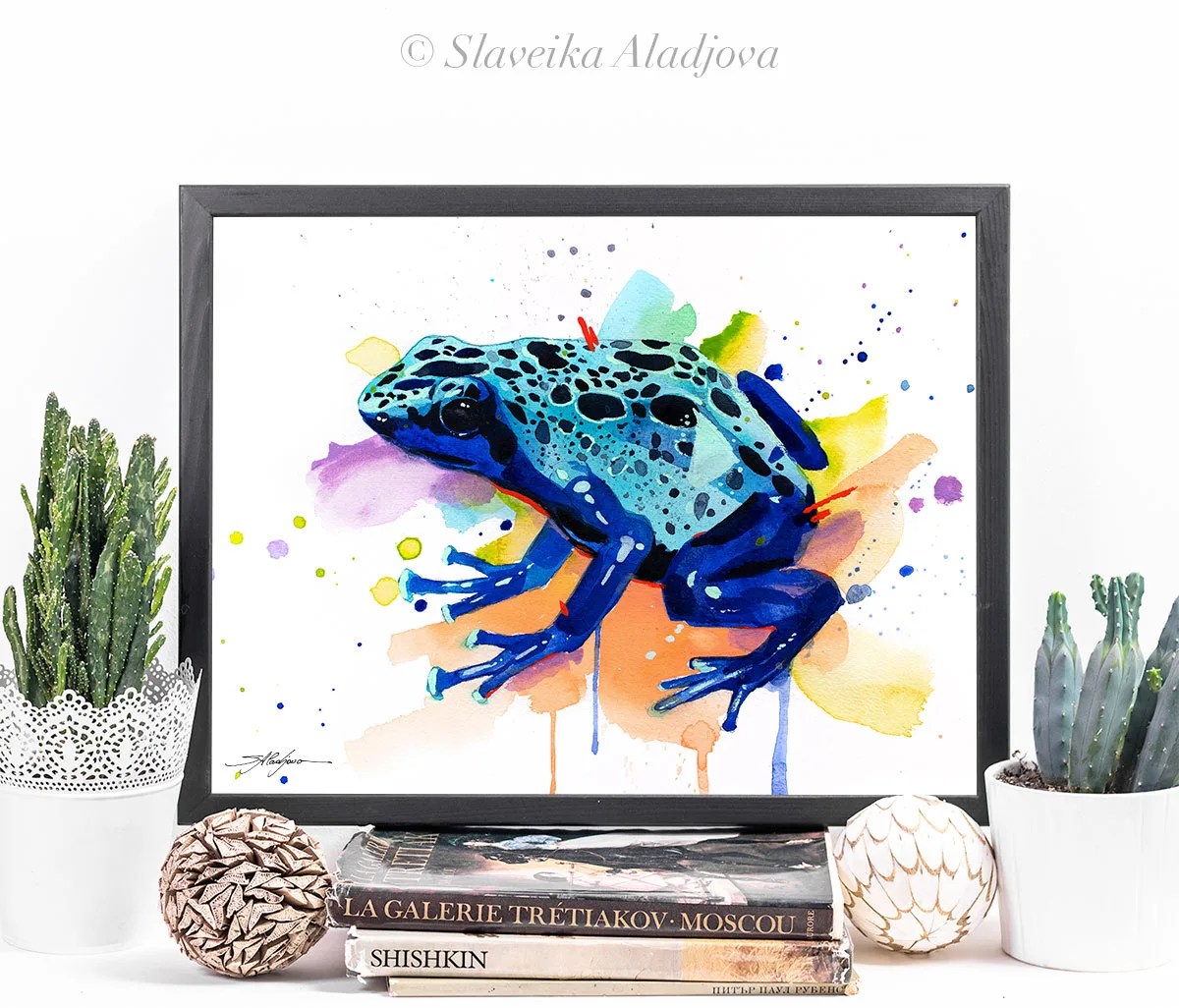 Blue poison dart frog watercolor painting, limited edition art print by Slaveika Aladjova, view 3