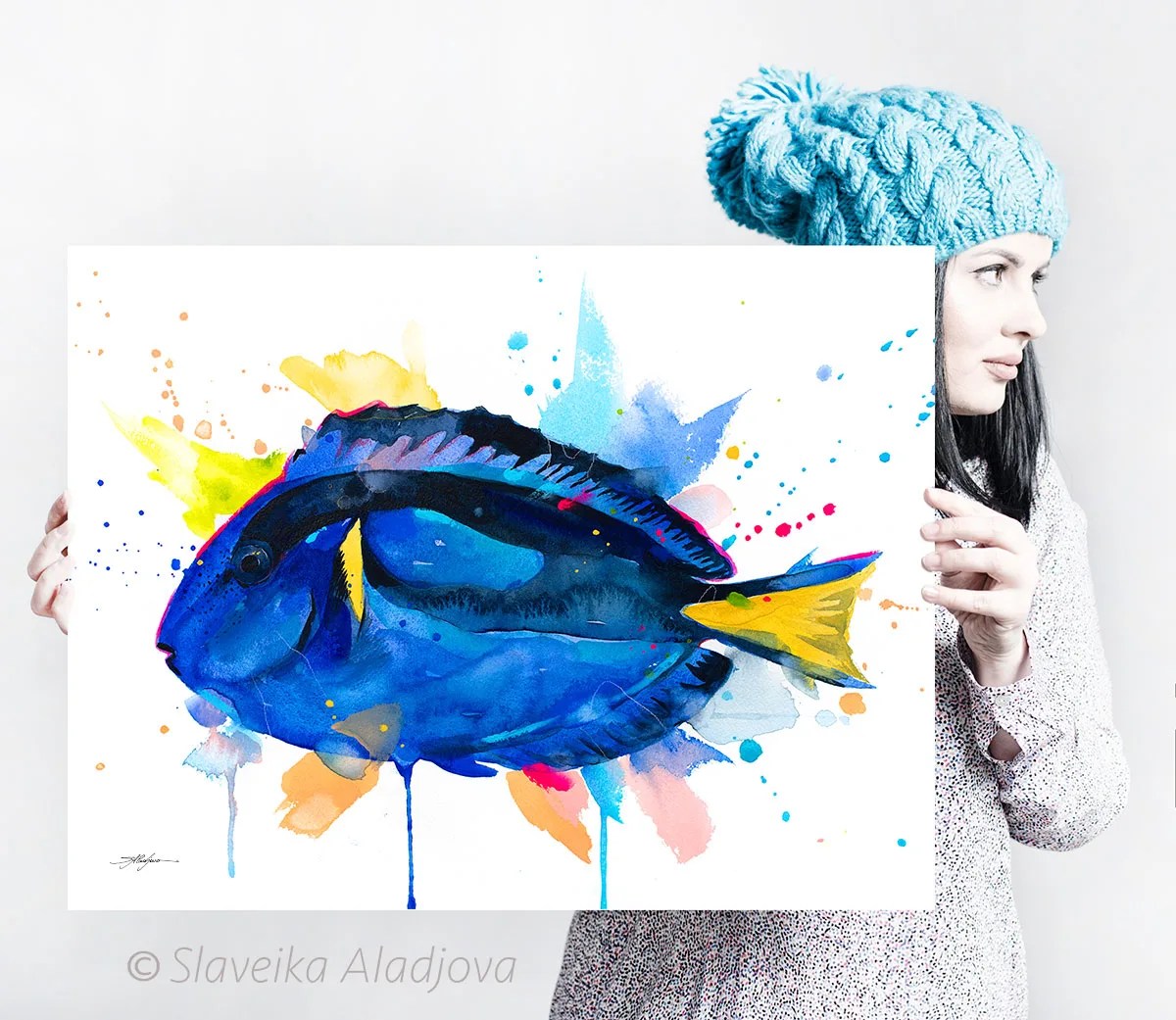 Blue tang watercolor painting print by Slaveika Aladjova, animal, Sea art, sea life art, home decor, marine fish, Paracanthurus