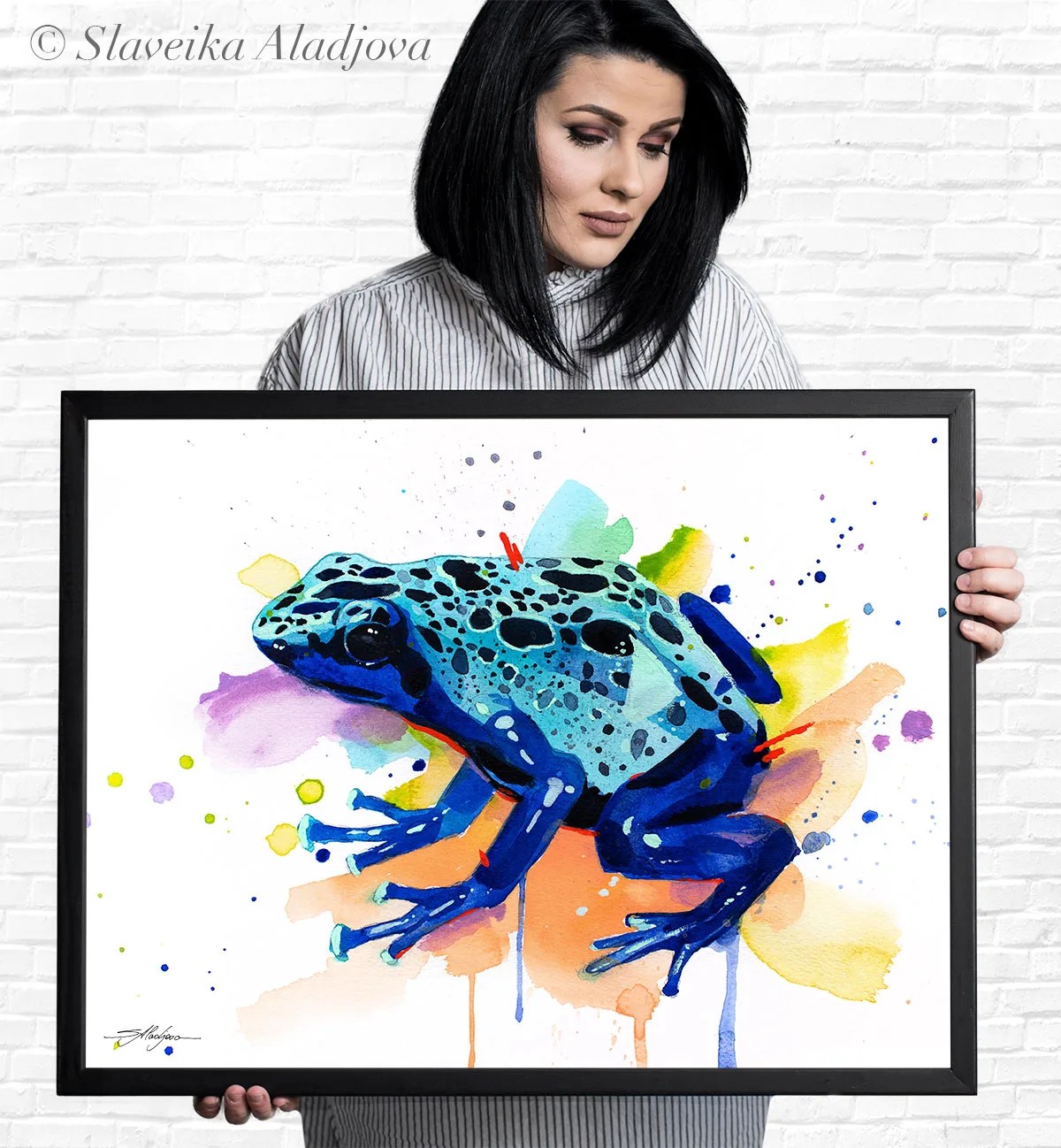 Blue poison dart frog watercolor painting print by Slaveika Aladjova, animal, illustration, home decor, Amphibia, portrait, wall art