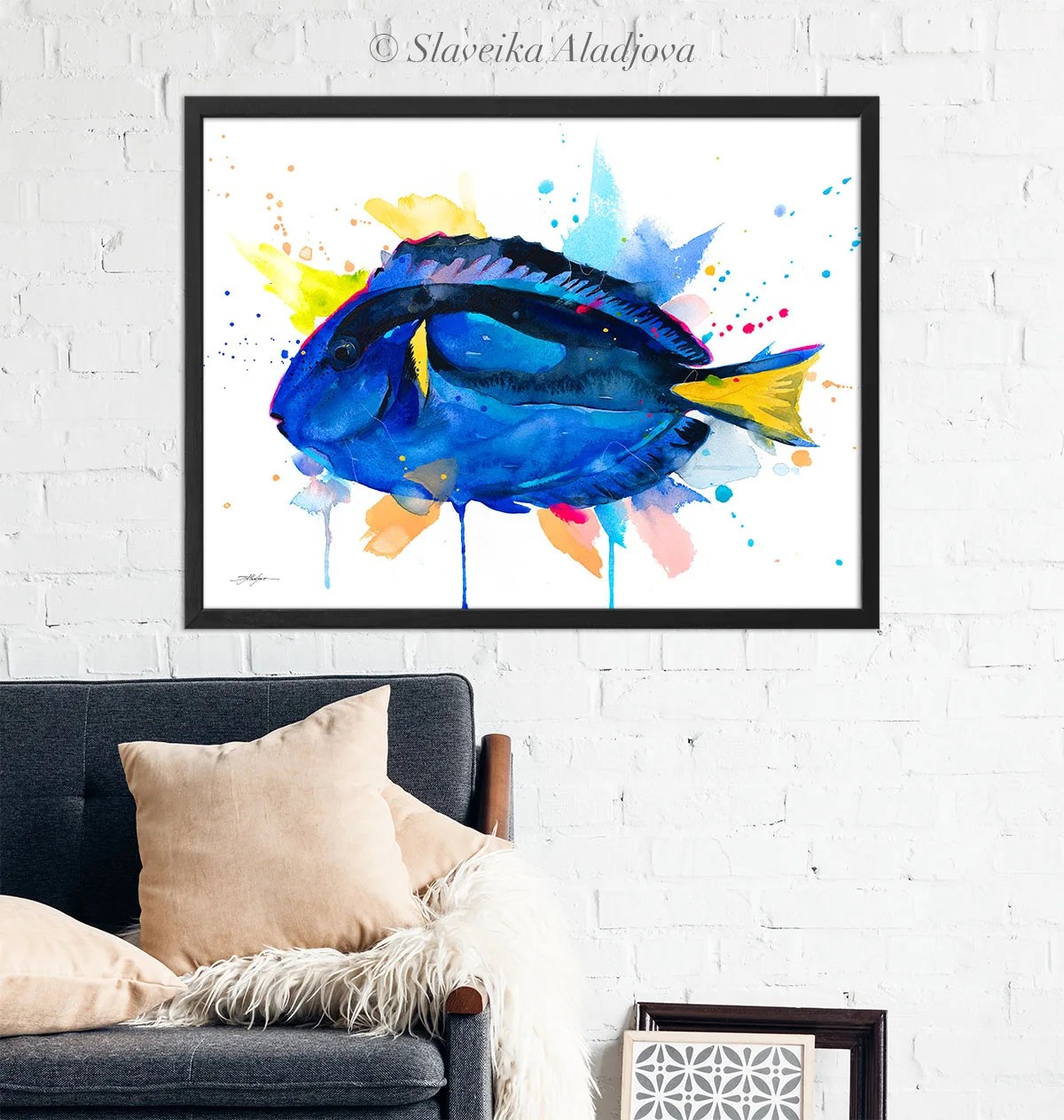 Blue tang watercolor painting print by Slaveika Aladjova, animal, Sea art, sea life art, home decor, marine fish, Paracanthurus