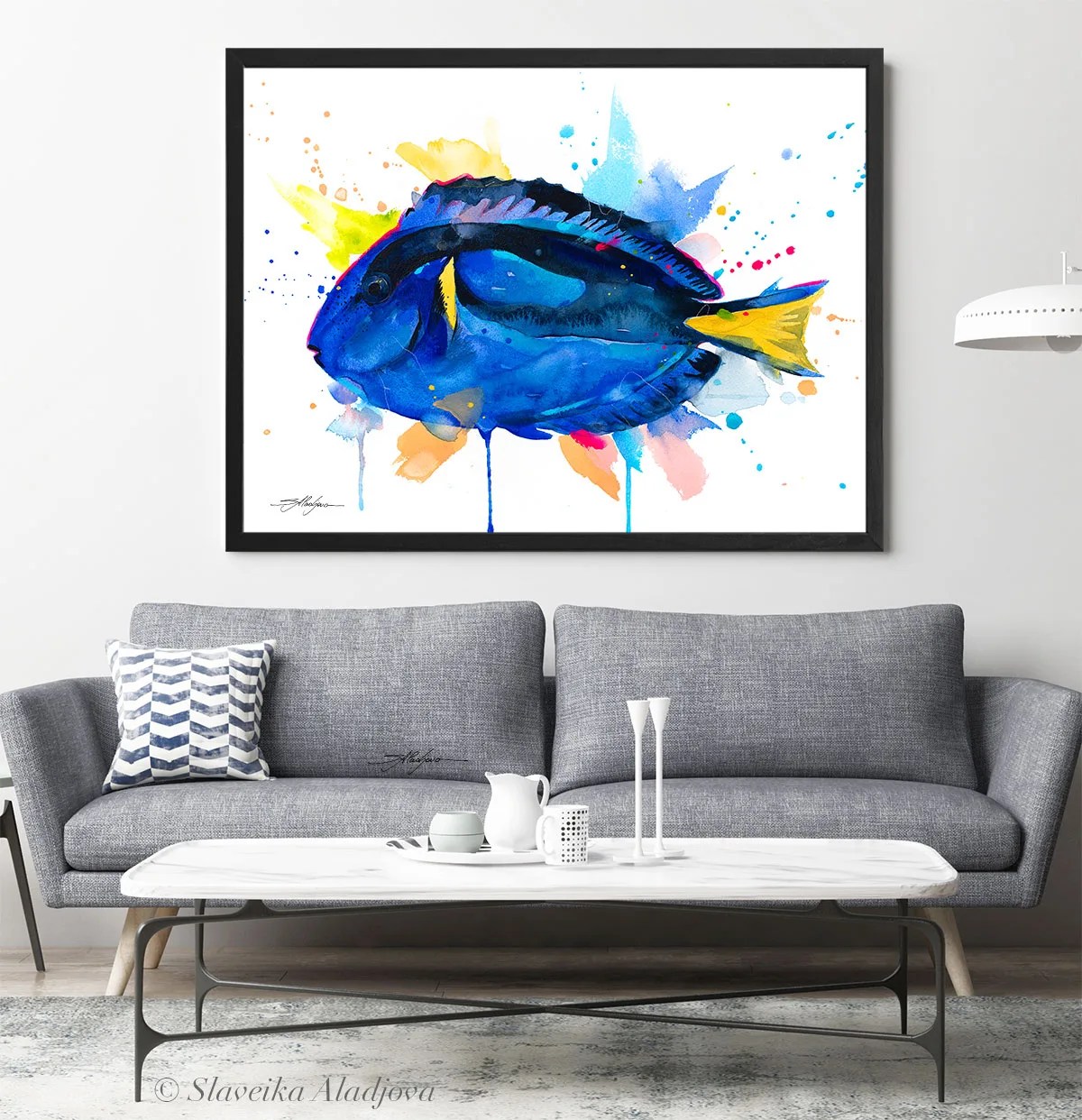 Blue tang watercolor painting print by Slaveika Aladjova, animal, Sea art, sea life art, home decor, marine fish, Paracanthurus