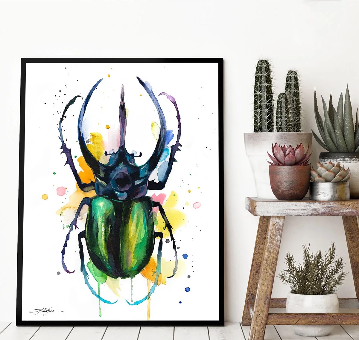 Atlas beetle watercolor painting, limited edition art print by Slaveika Aladjova, view 3