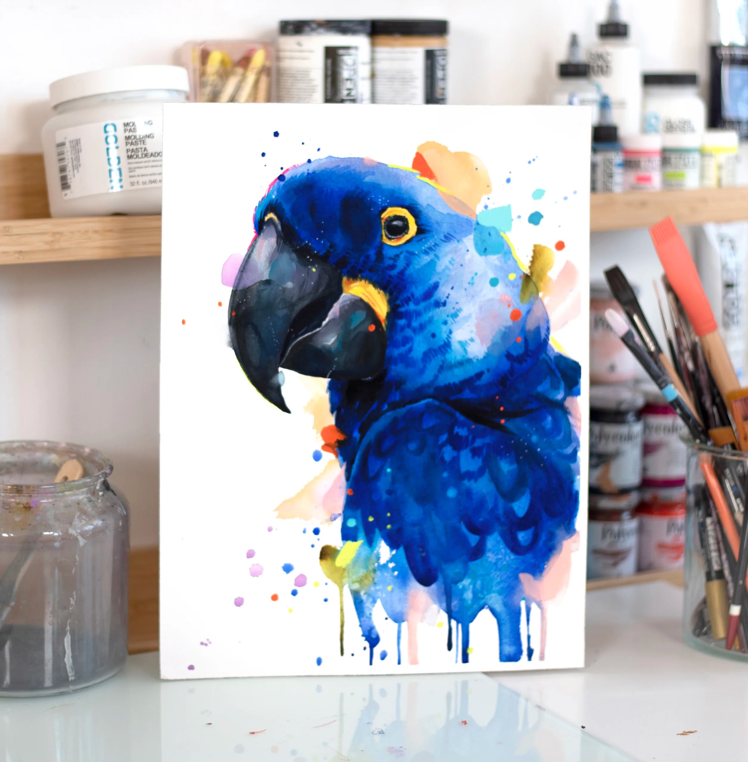 Hyacinth Macaw Parrot watercolor painting print slaveika aladjovaAnodorhynchus hyacinthinus