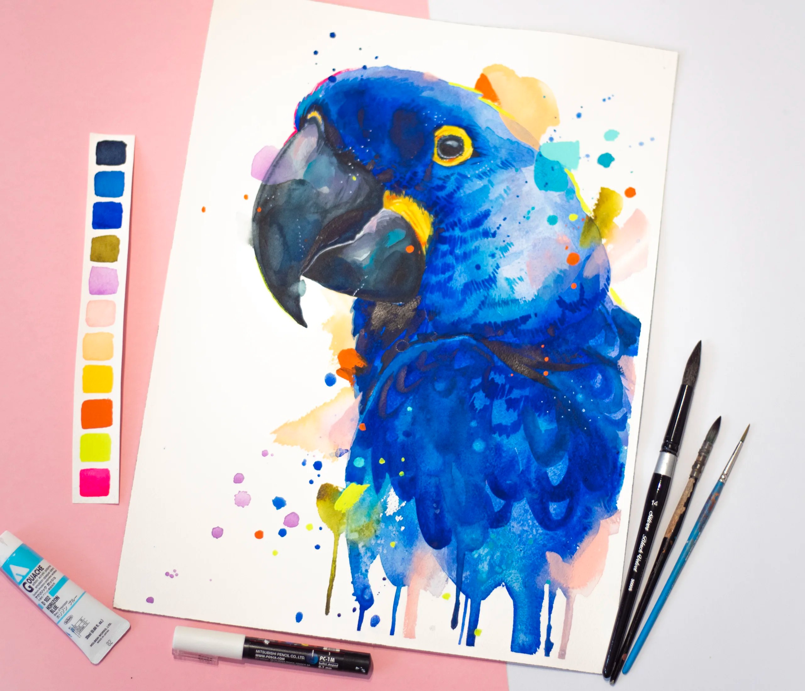 Hyacinth Macaw Parrot watercolor painting print slaveika aladjovaAnodorhynchus hyacinthinus