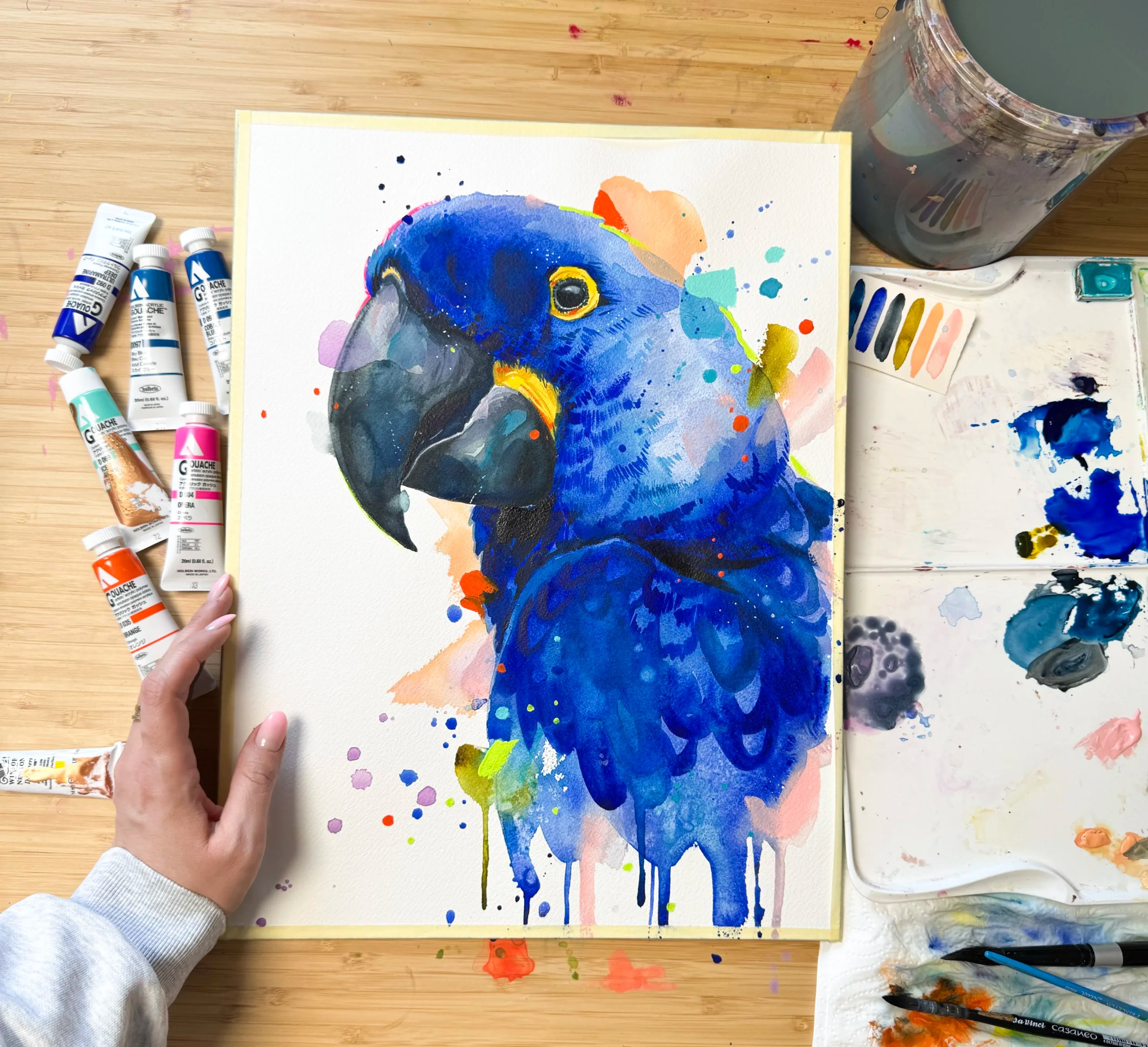 Hyacinth Macaw Parrot watercolor painting print slaveika aladjovaAnodorhynchus hyacinthinus