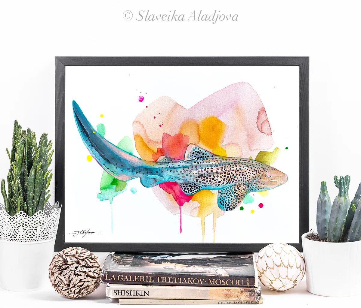 Zebra shark watercolor painting, limited edition art print by Slaveika Aladjova, view 4