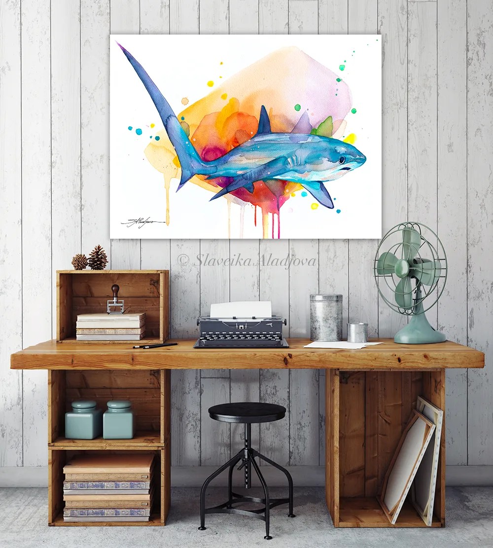 Thresher shark watercolor painting, limited edition art print by Slaveika Aladjova, view 3