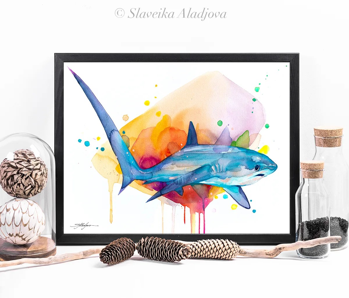 Thresher shark watercolor painting, limited edition art print by Slaveika Aladjova, view 4