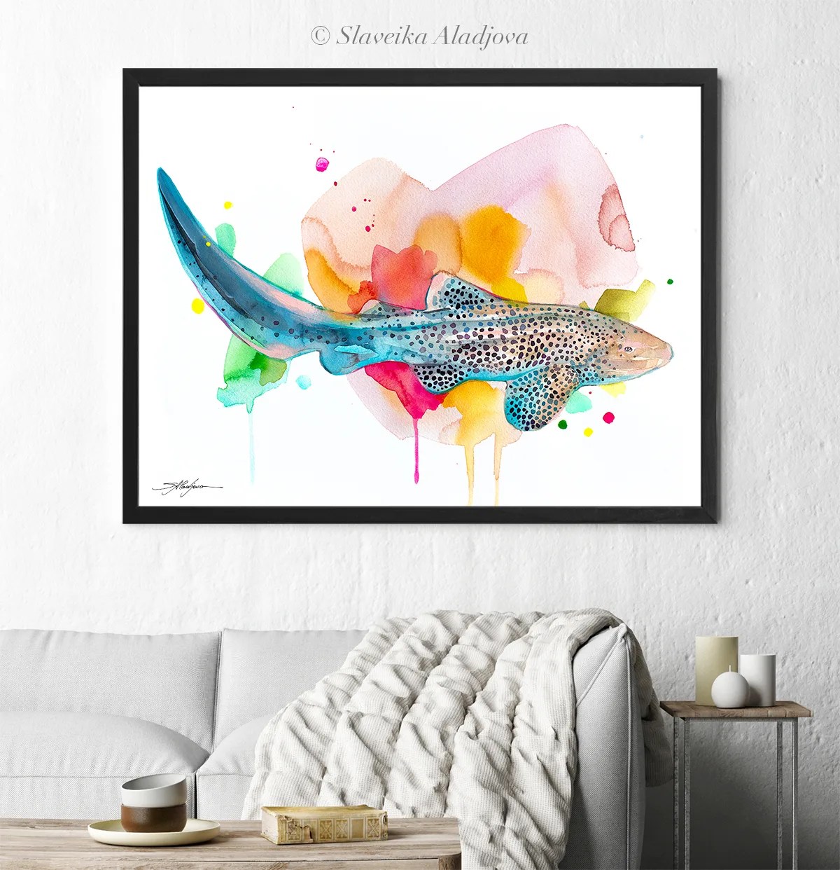 Zebra shark watercolor painting, limited edition art print by Slaveika Aladjova, view 3