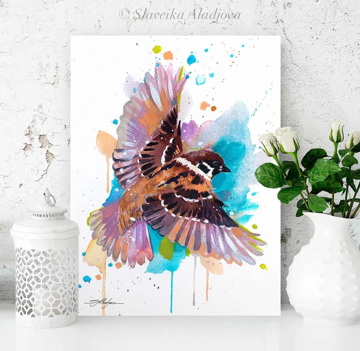 Sparrow watercolor painting print