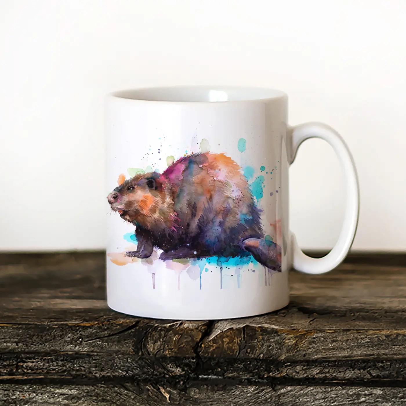 Beaver watercolor painting printed on an 11 oz ceramic art mug by Slaveika Aladjova