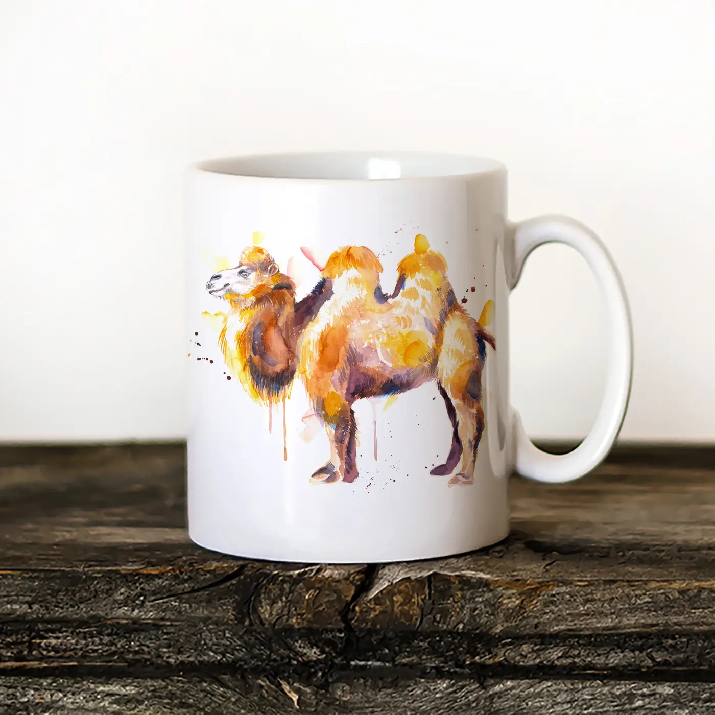 Camel watercolor painting printed on an 11 oz ceramic art mug by Slaveika Aladjova