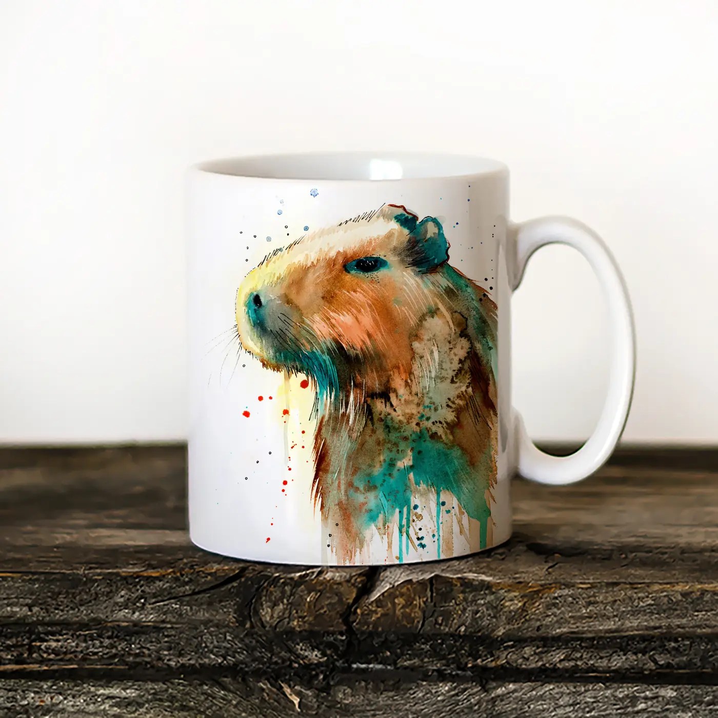 Capybara watercolor painting printed on an 11 oz ceramic art mug by Slaveika Aladjova