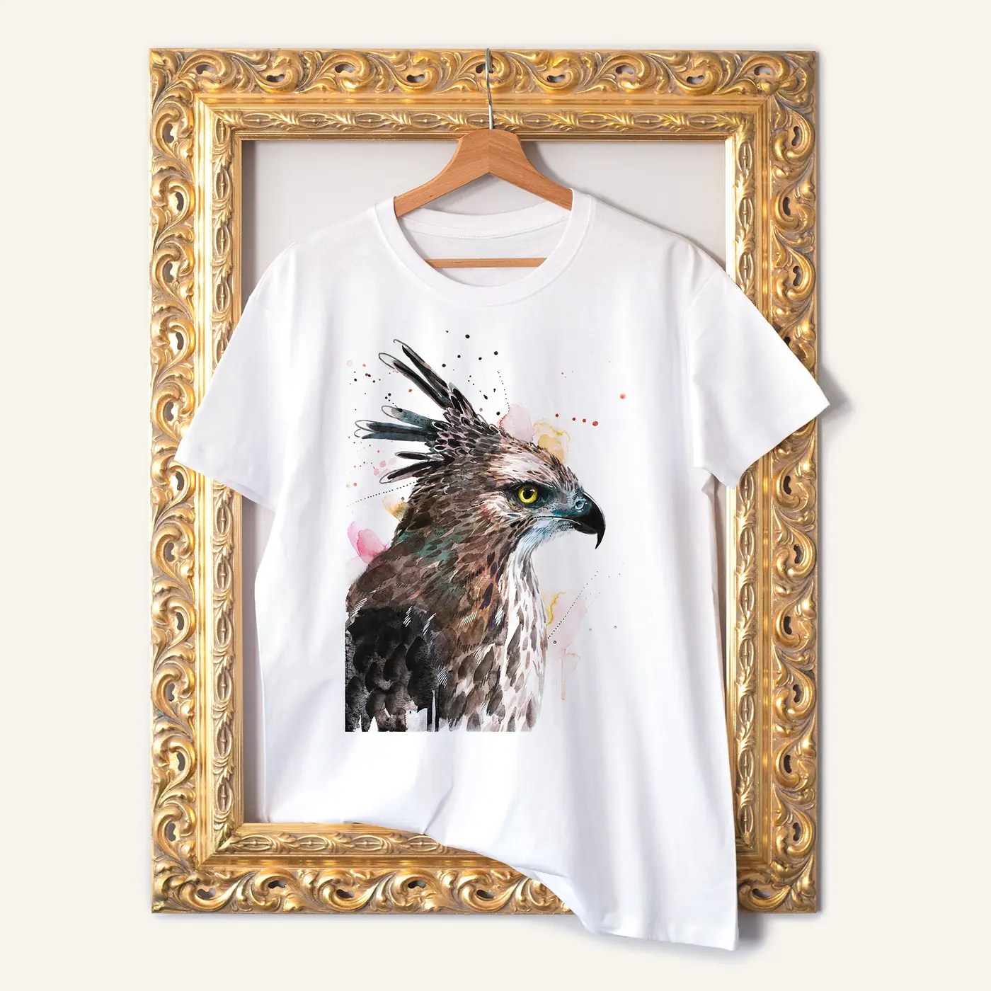 Changeable Hawk-Eagle watercolor painting printed on a white cotton T-shirt by Slaveika Aladjova