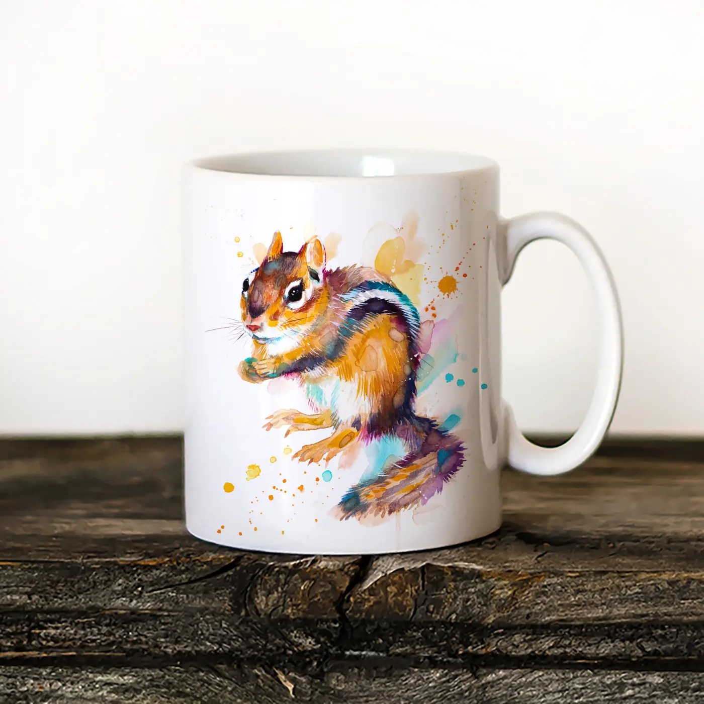 Chipmunk watercolor painting printed on an 11 oz ceramic art mug by Slaveika Aladjova
