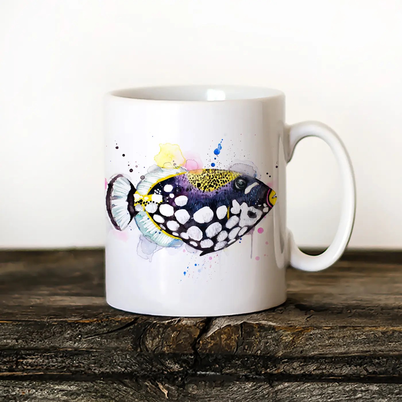 Clown Triggerfish watercolor painting printed on an 11 oz ceramic art mug by Slaveika Aladjova