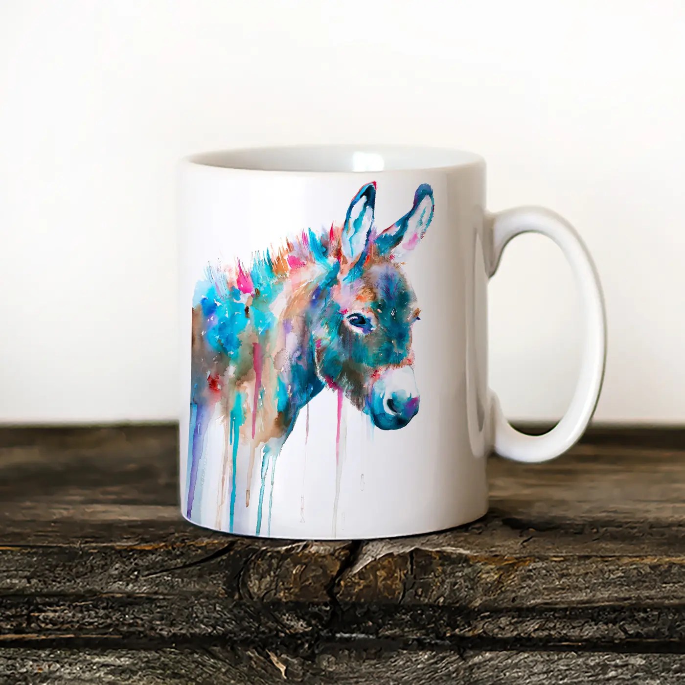 Donkey watercolor painting printed on an 11 oz ceramic art mug by Slaveika Aladjova