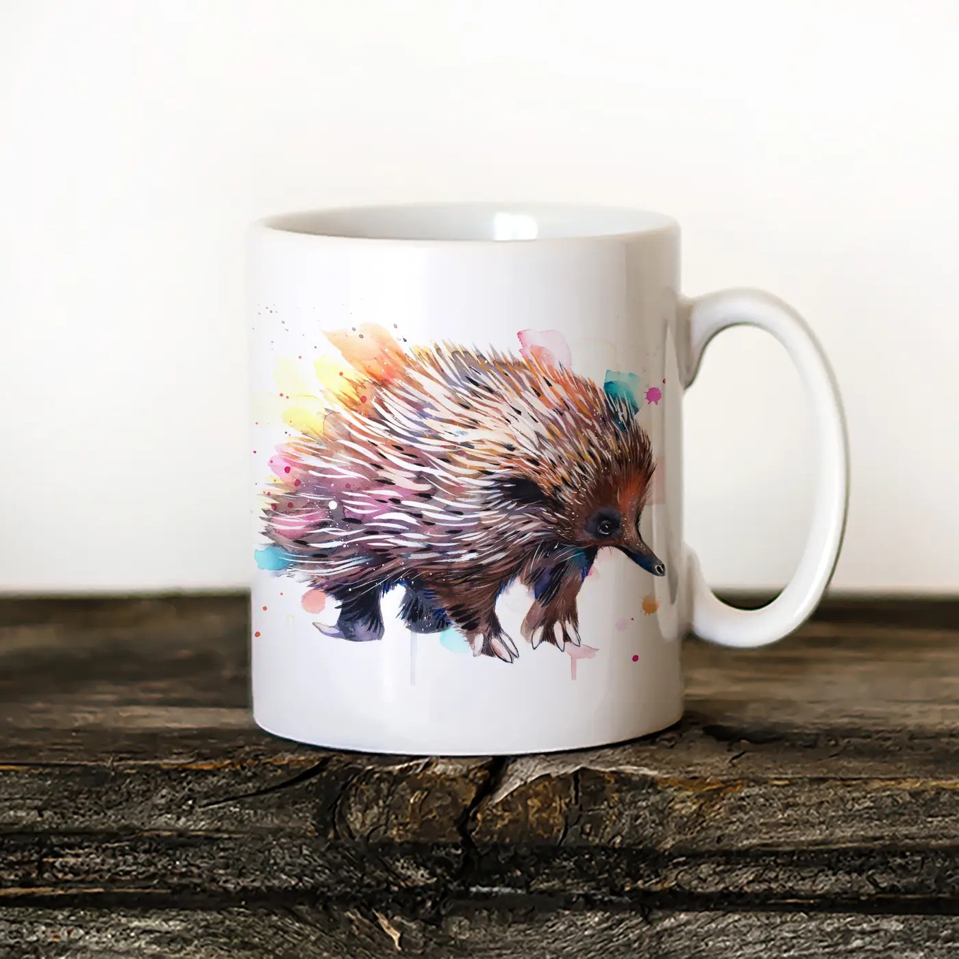 Echidna watercolor painting printed on an 11 oz ceramic art mug by Slaveika Aladjova