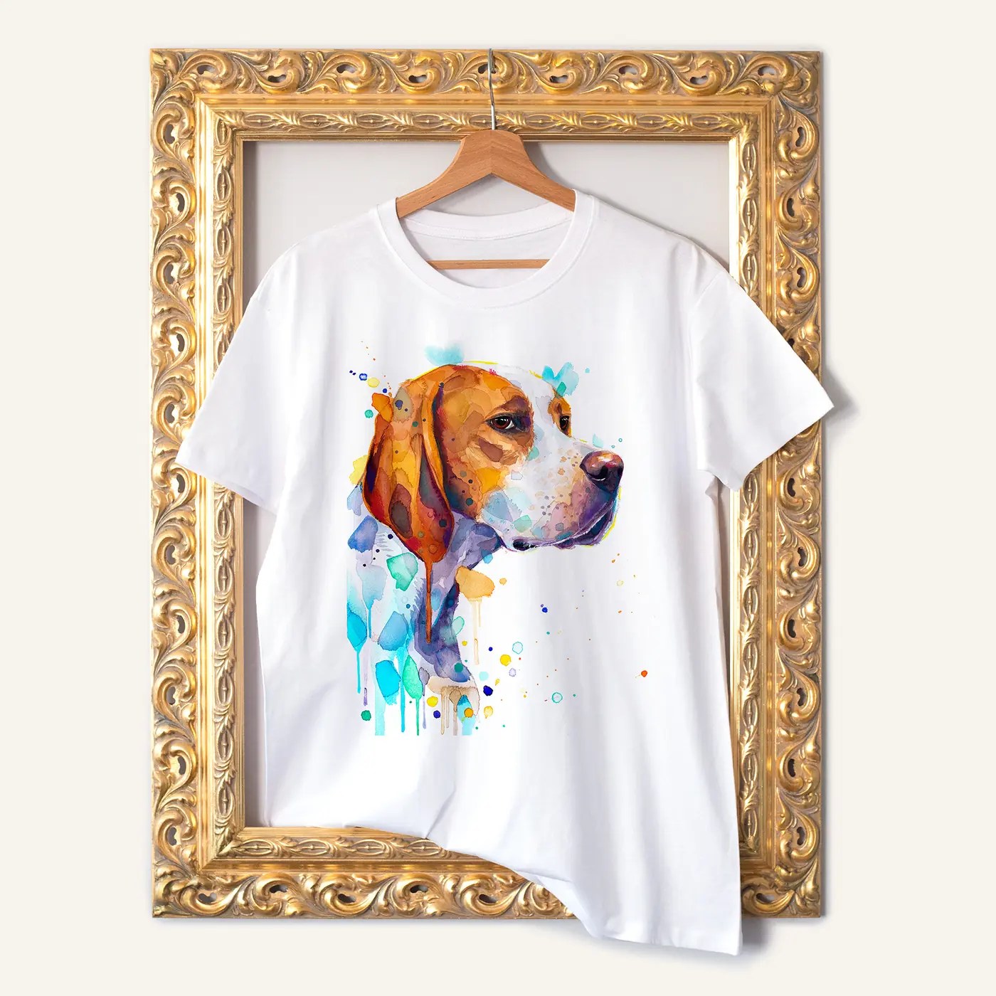 English Pointer watercolor painting printed on a white cotton T-shirt by Slaveika Aladjova