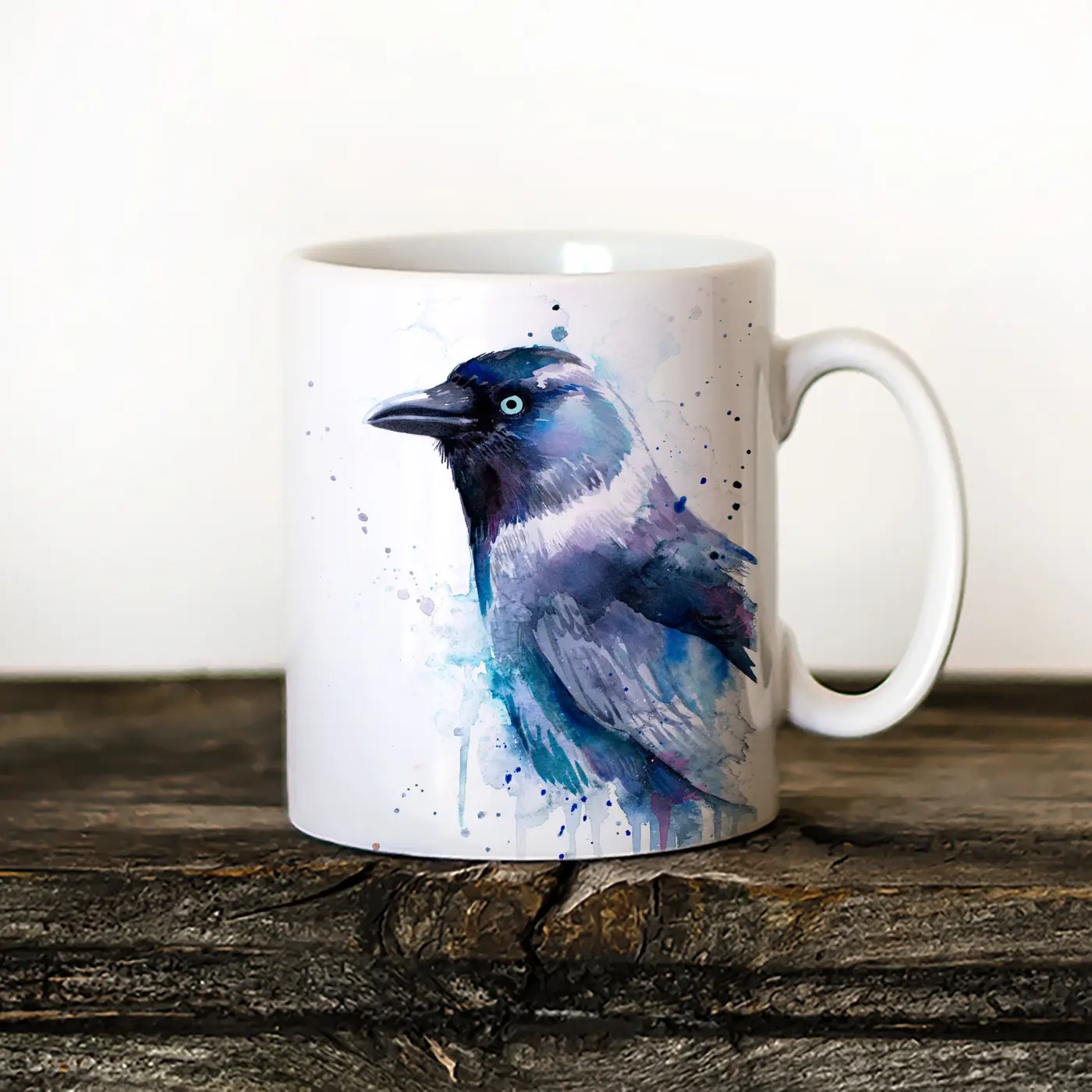 Jackdaw watercolor painting printed on an 11 oz ceramic art mug by Slaveika Aladjova