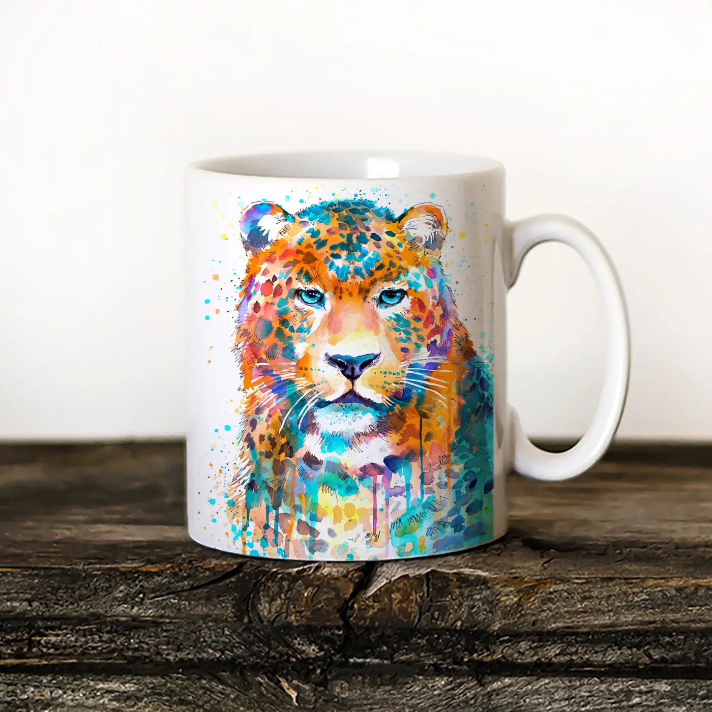 Leopard watercolor painting printed on an 11 oz ceramic art mug by Slaveika Aladjova