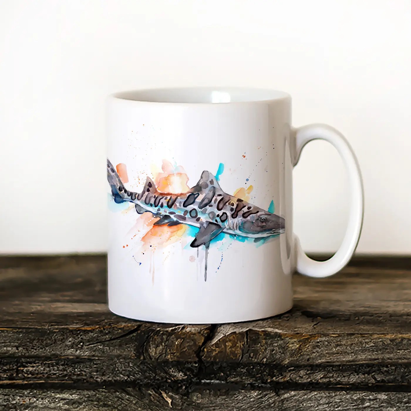 Leopard Shark watercolor painting printed on an 11 oz ceramic art mug by Slaveika Aladjova