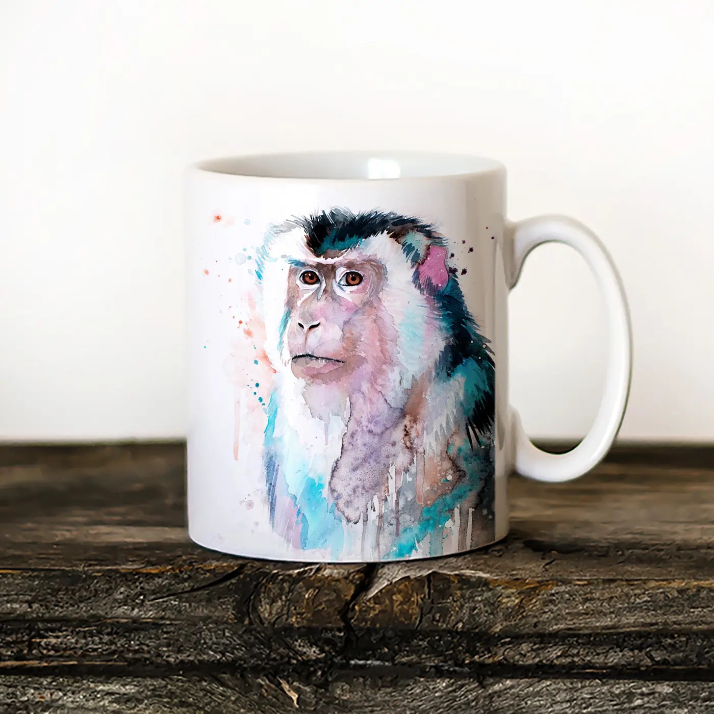 Macaque watercolor painting printed on an 11 oz ceramic art mug by Slaveika Aladjova