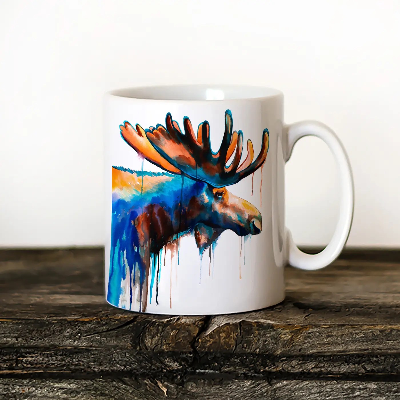 Moose watercolor painting printed on an 11 oz ceramic art mug by Slaveika Aladjova