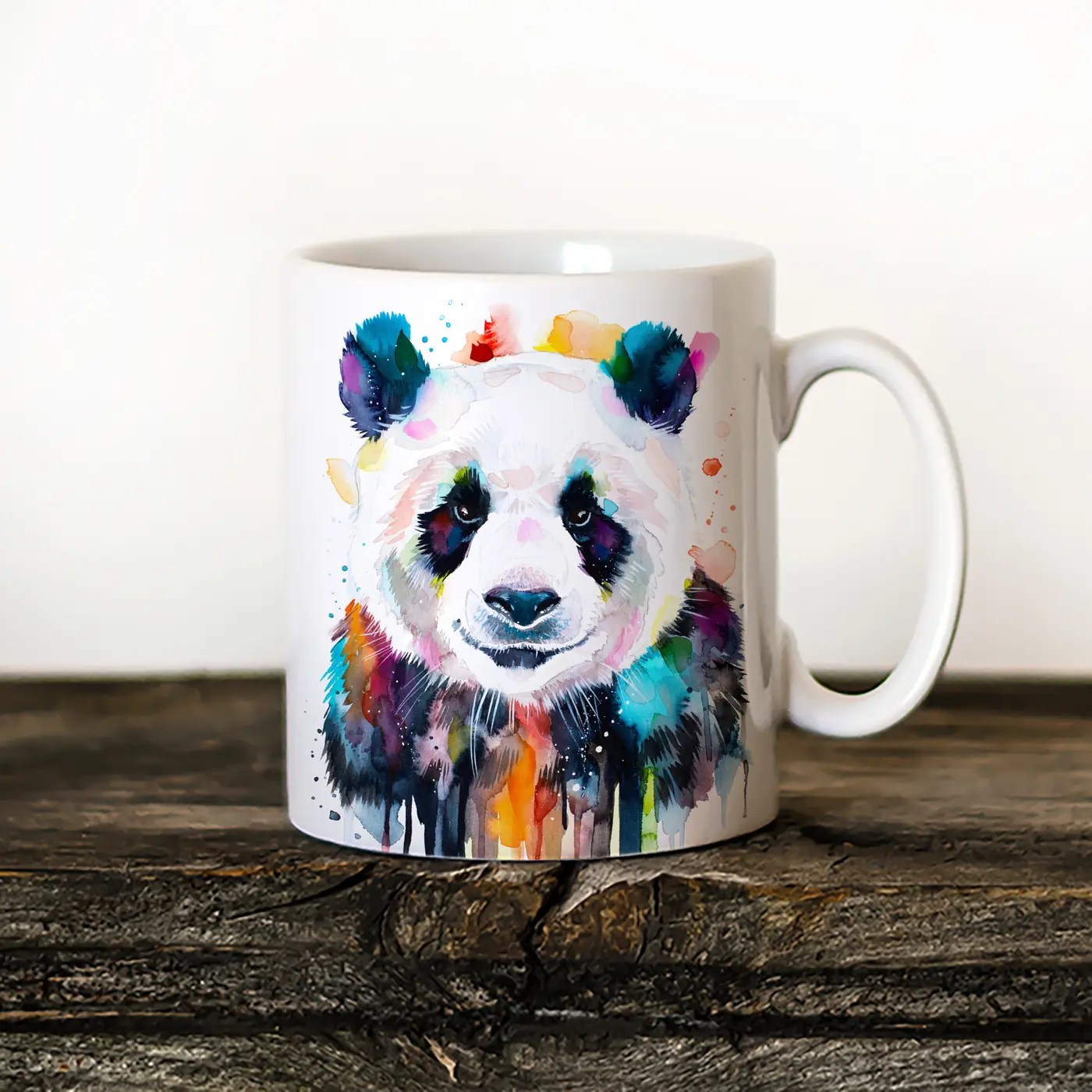 Colourful Panda watercolor painting printed on an 11 oz ceramic art mug by Slaveika Aladjova