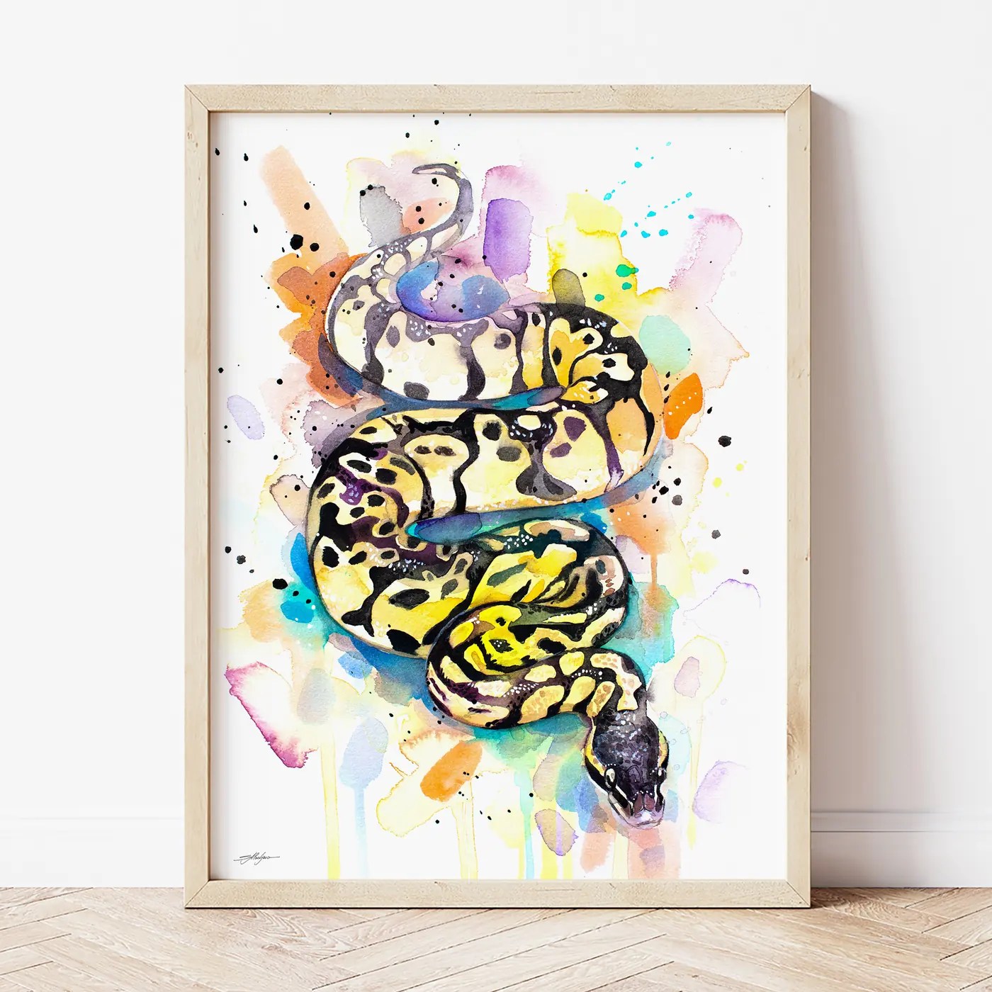 Pastel Ball Python watercolor painting the artwork on the T-shirt by Slaveika Aladjova
