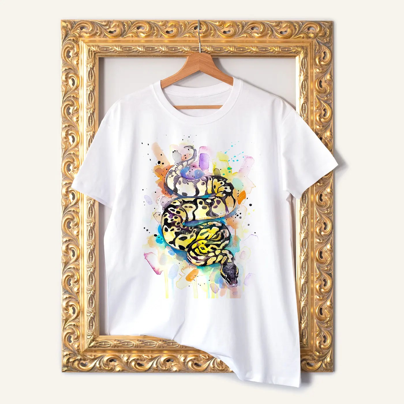 Pastel Ball Python watercolor painting printed on a white cotton T-shirt by Slaveika Aladjova