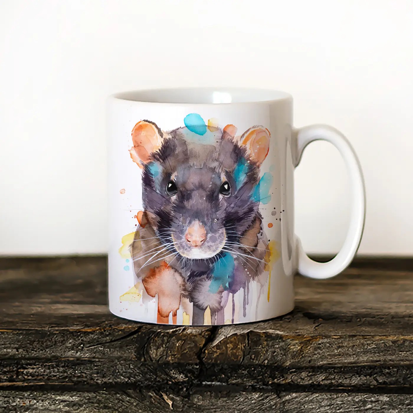 Rat watercolor painting printed on an 11 oz ceramic art mug by Slaveika Aladjova
