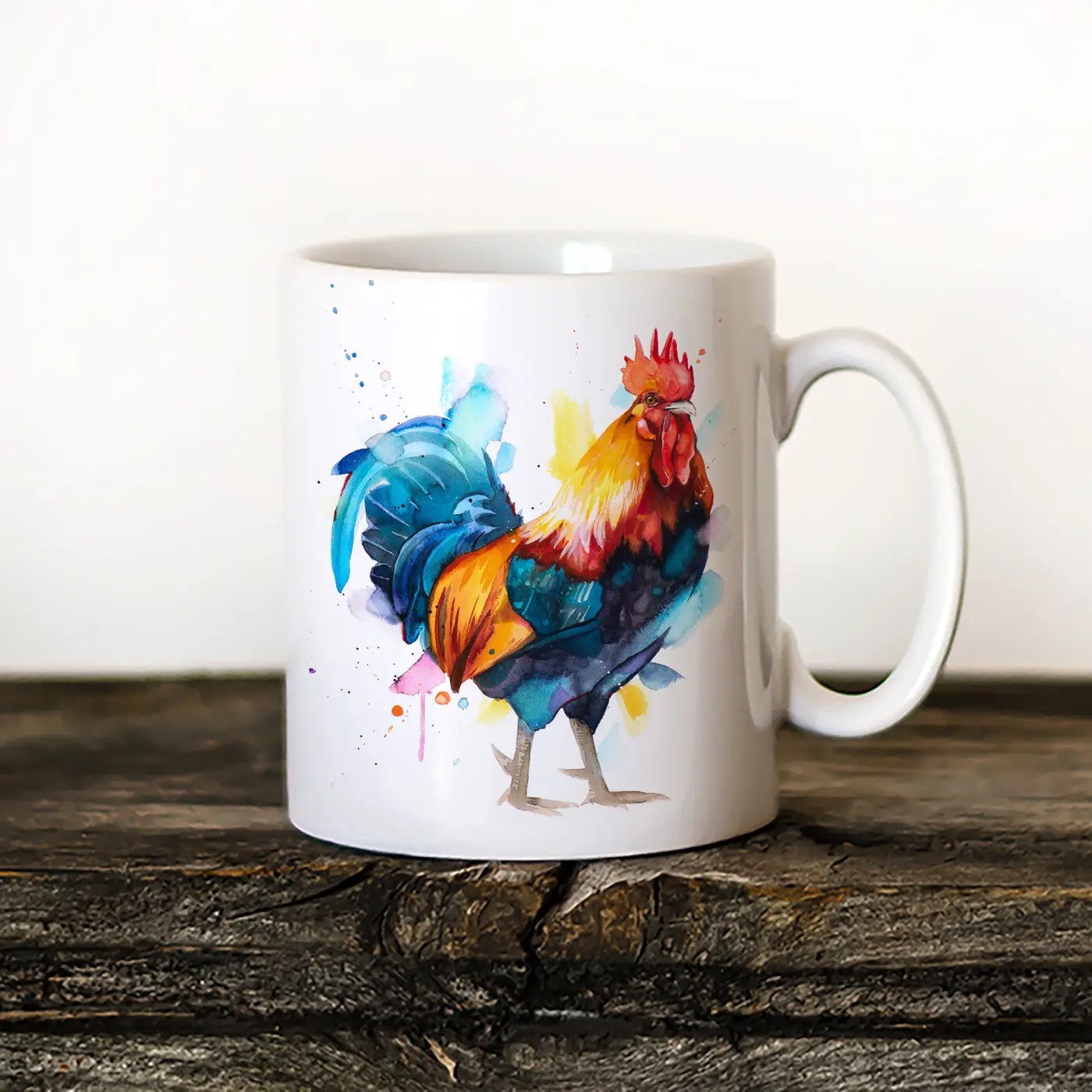 Rooster watercolor painting printed on an 11 oz ceramic art mug by Slaveika Aladjova