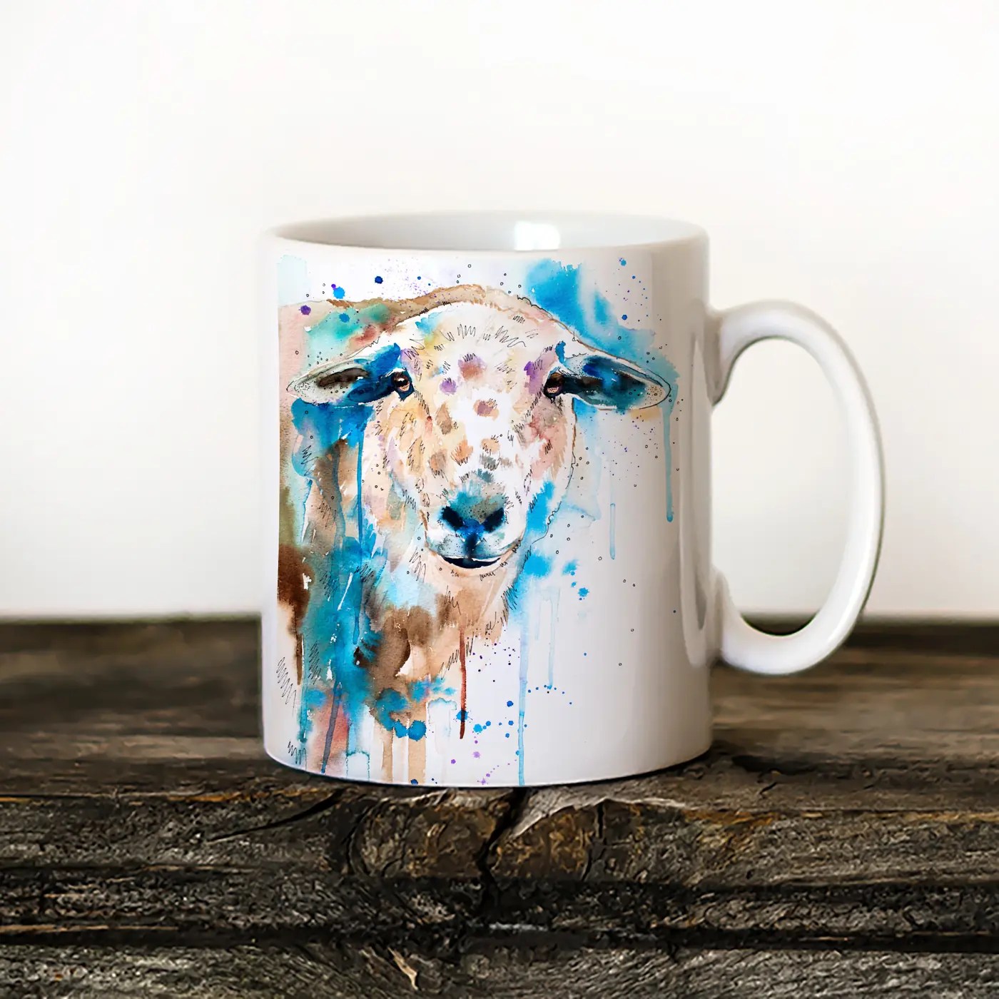 Sheep watercolor painting printed on an 11 oz ceramic art mug by Slaveika Aladjova